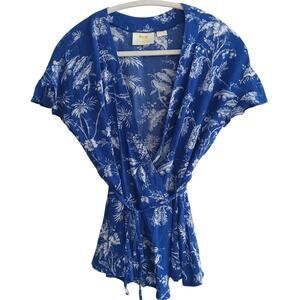 Maeve  Anthropologie Clarita blue & white wrap top floral butterfly sleeve boho